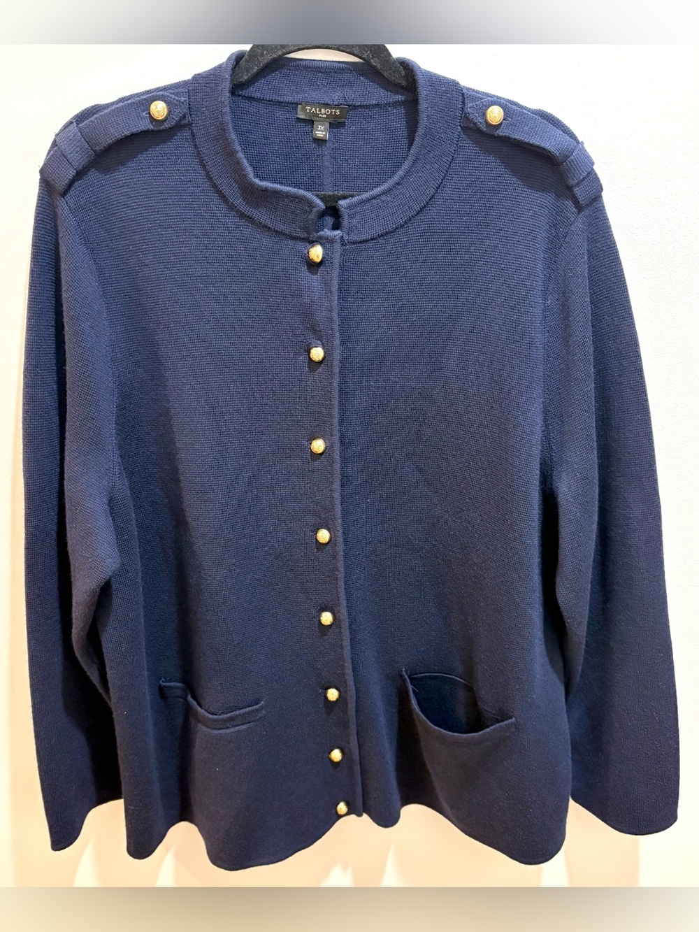 Talbots Merino Blend Military Sweater Navy 3X Cardigan Gold Button Open Front